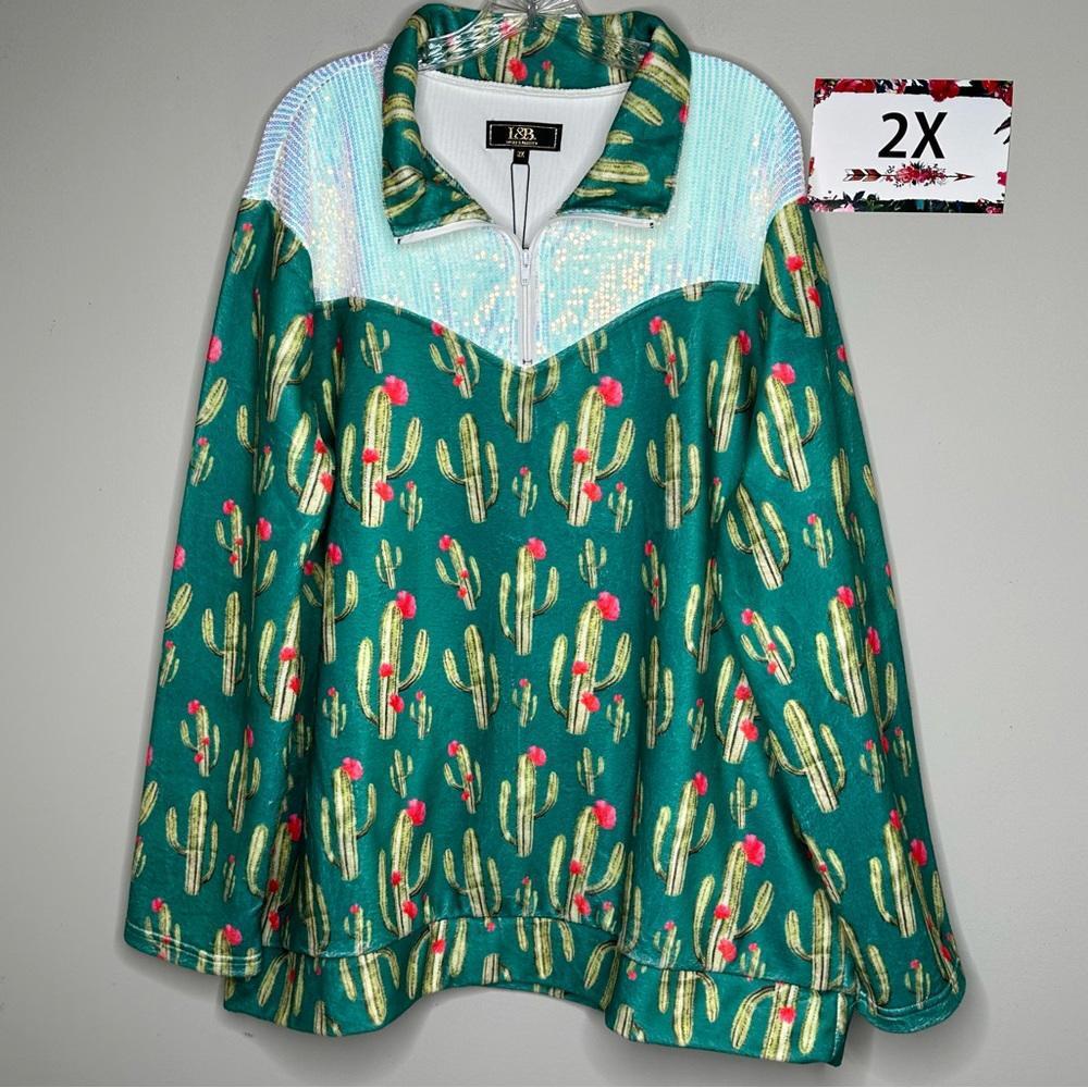 L&B 2X PLUS green cactus & sequin pullover